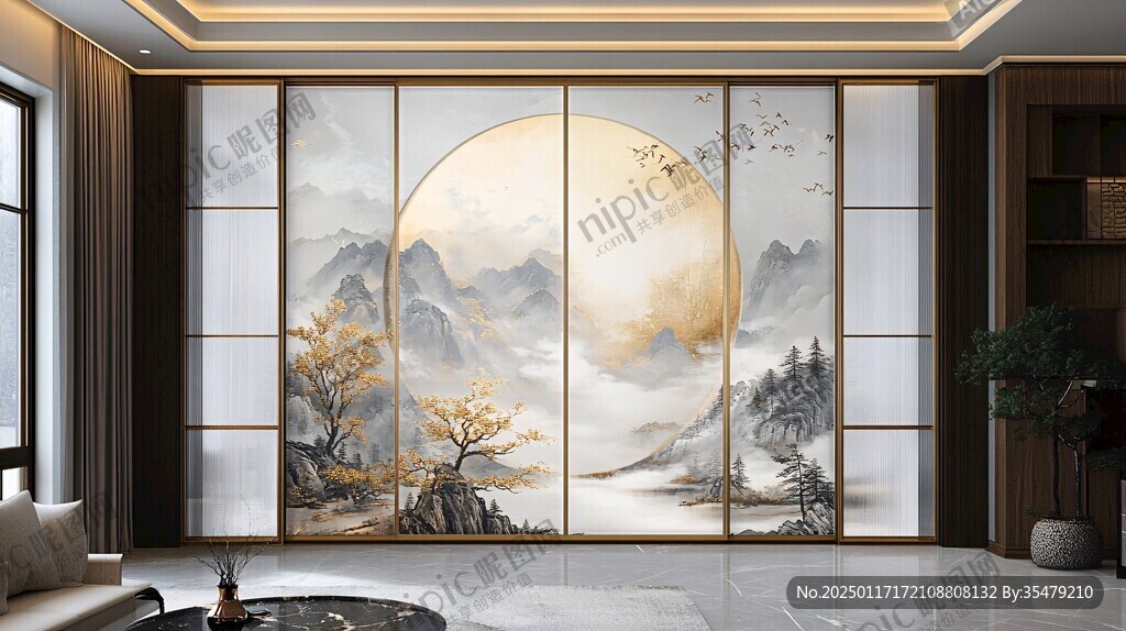 山水画玻璃屏风