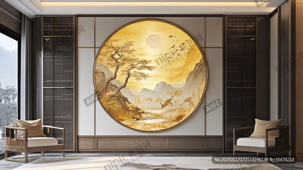圆山水框画硬包背景