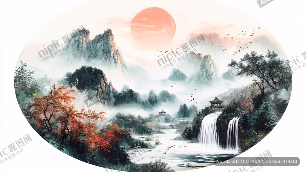 圆形山水装饰画背景