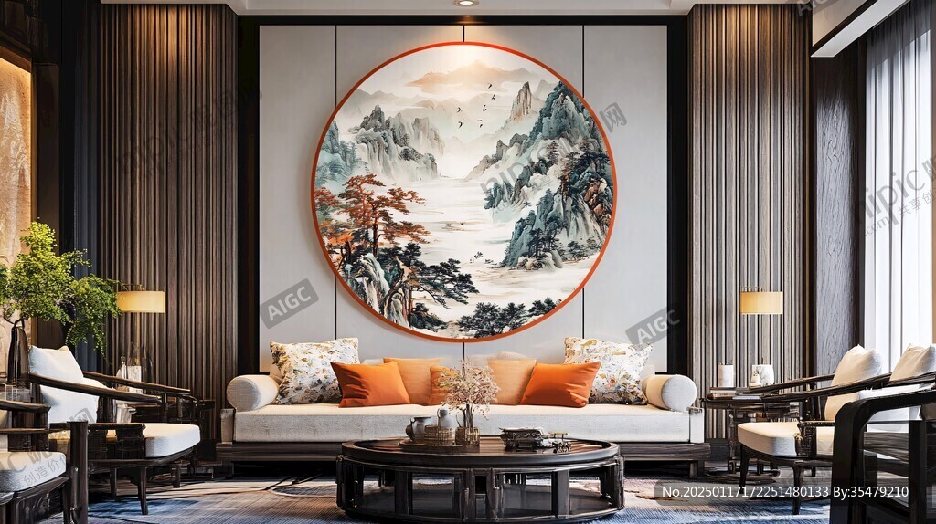 圆山水框画硬包背景