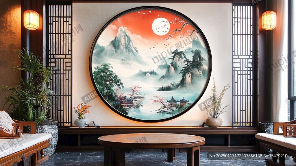 圆框山水壁画