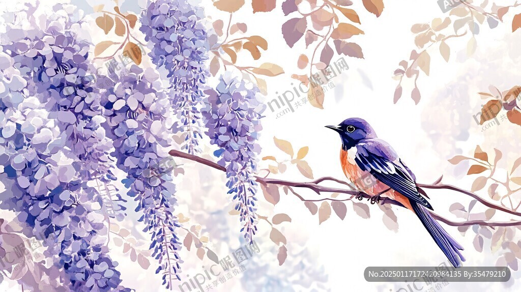 蓝调花鸟树枝背景