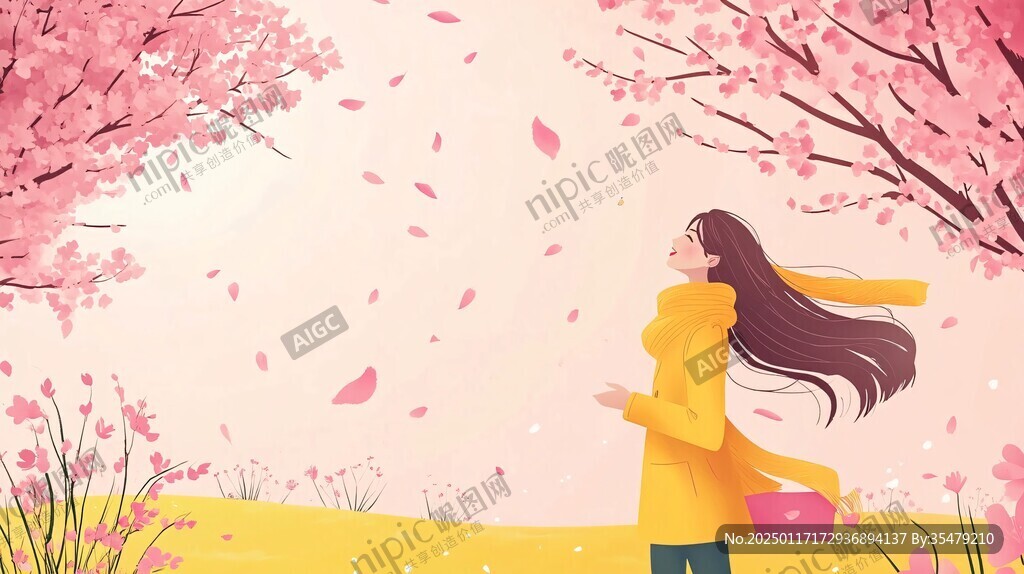 春天桃花女孩插画