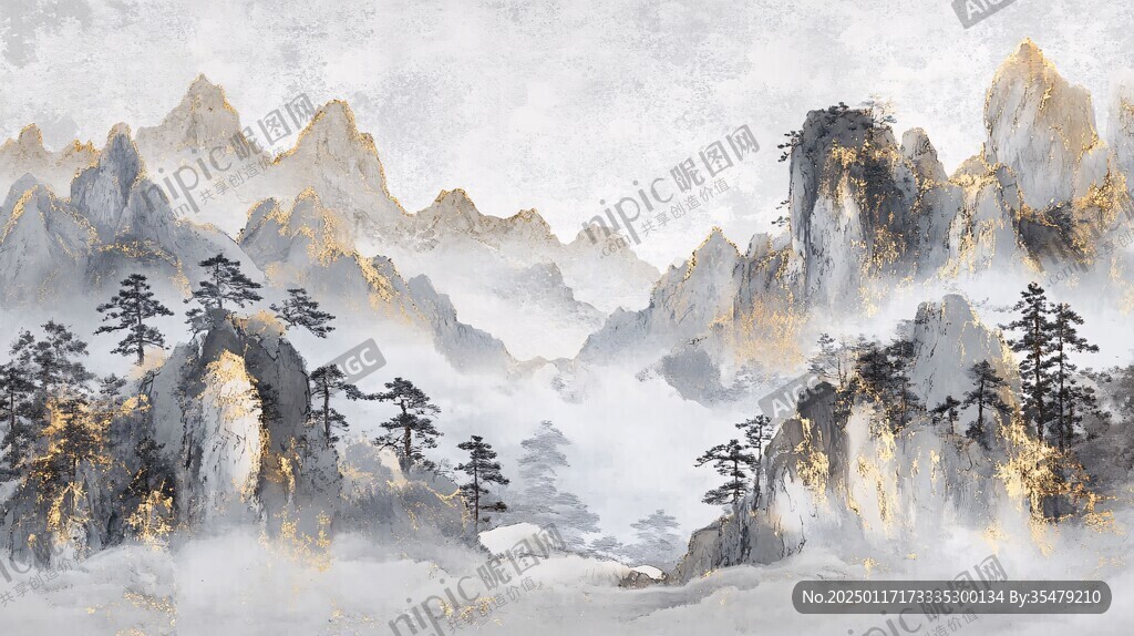 金色水墨群山背景墙