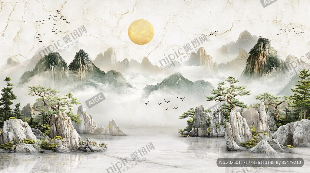 金色山水背景墙