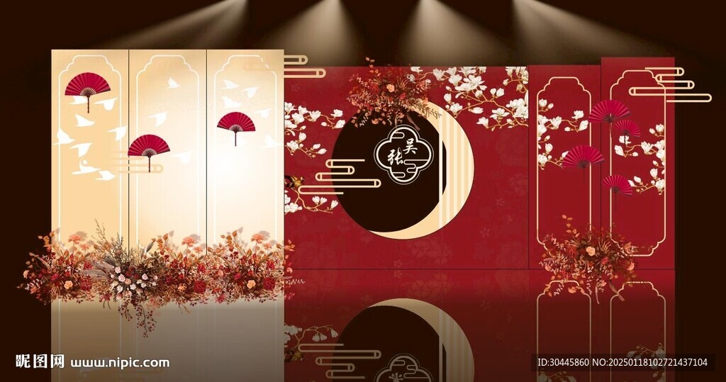红色国风中式婚礼背景舞台
