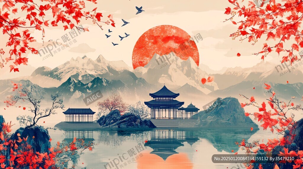 仙鹤楼阁古风山水画