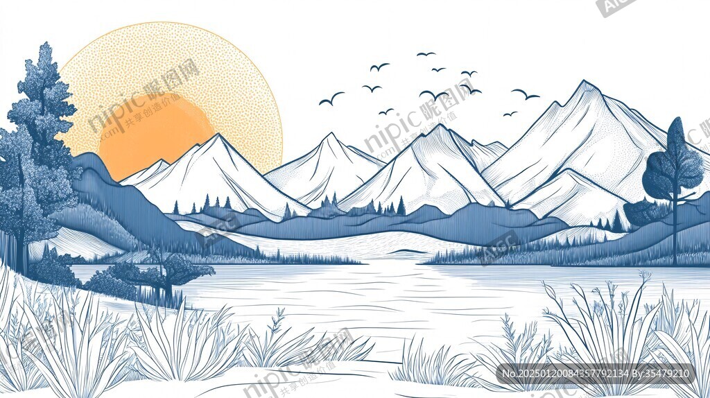 高端山水线包装插画