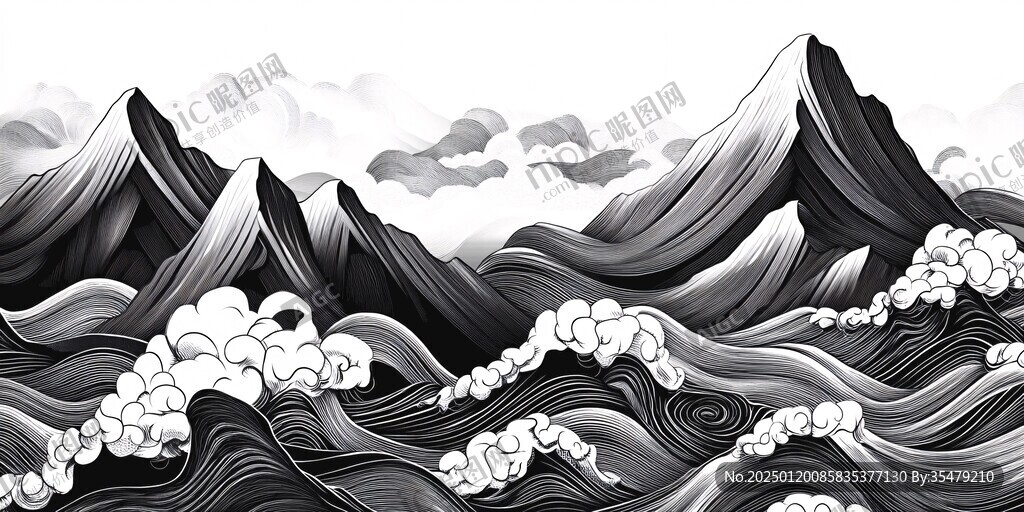 高端山水线包装插画