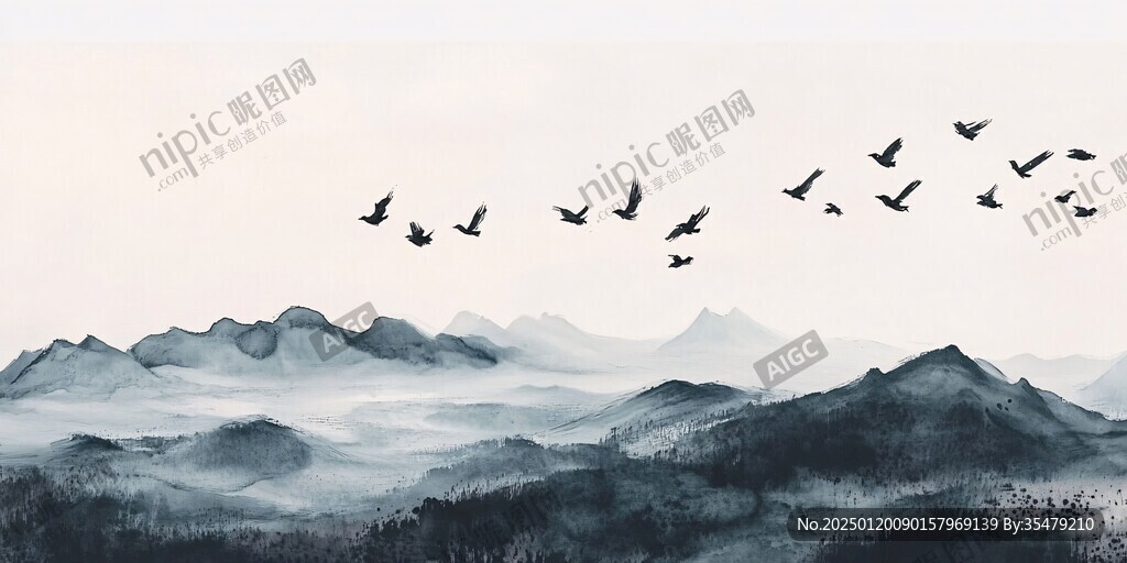 飞鸟水墨山水