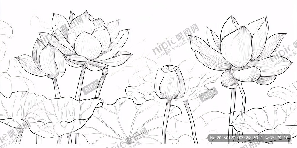手绘莲花荷花线描