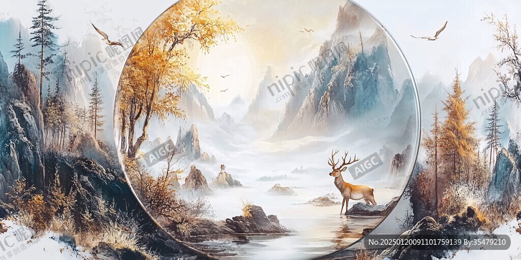 立体山水麋鹿圆框画