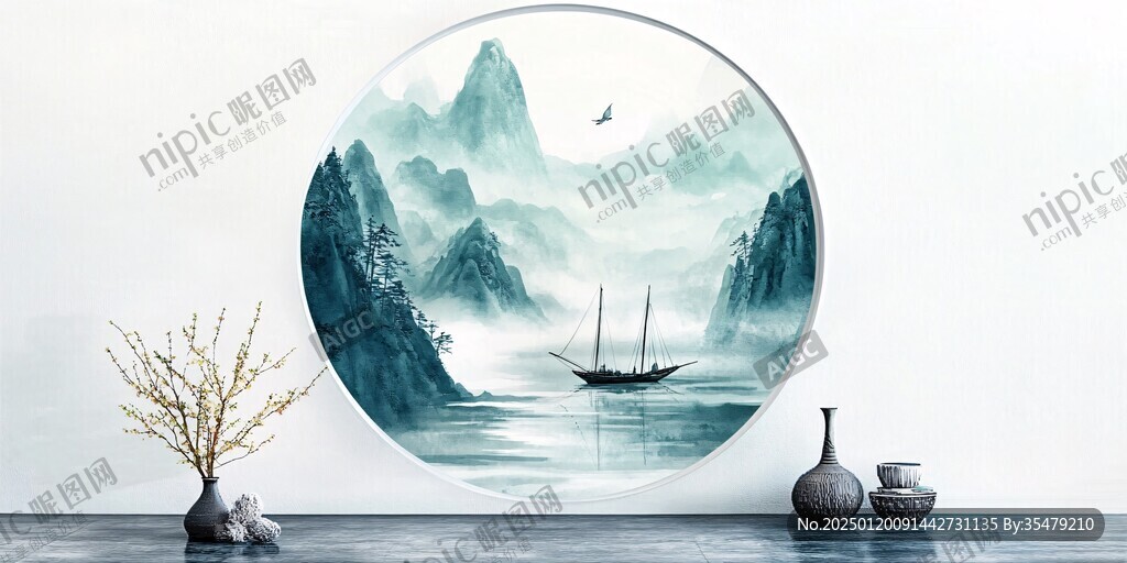 现代山水圆框装饰画