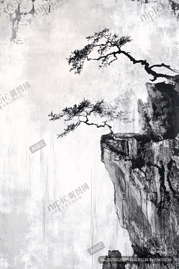 迎客松禅意水墨画