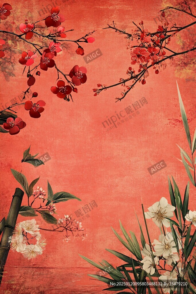 工笔手绘红墙梅花