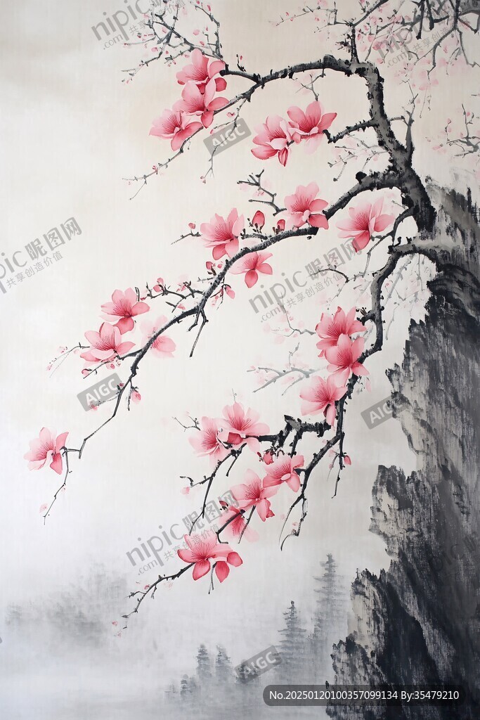 工笔红梅山水画
