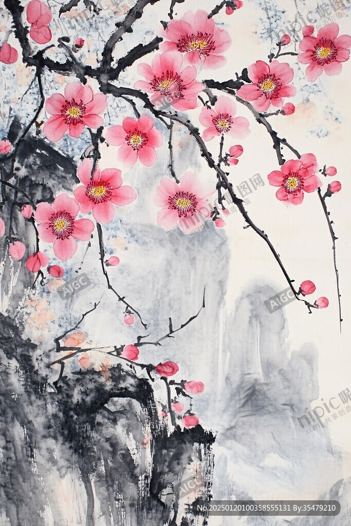 红梅花鸟山水