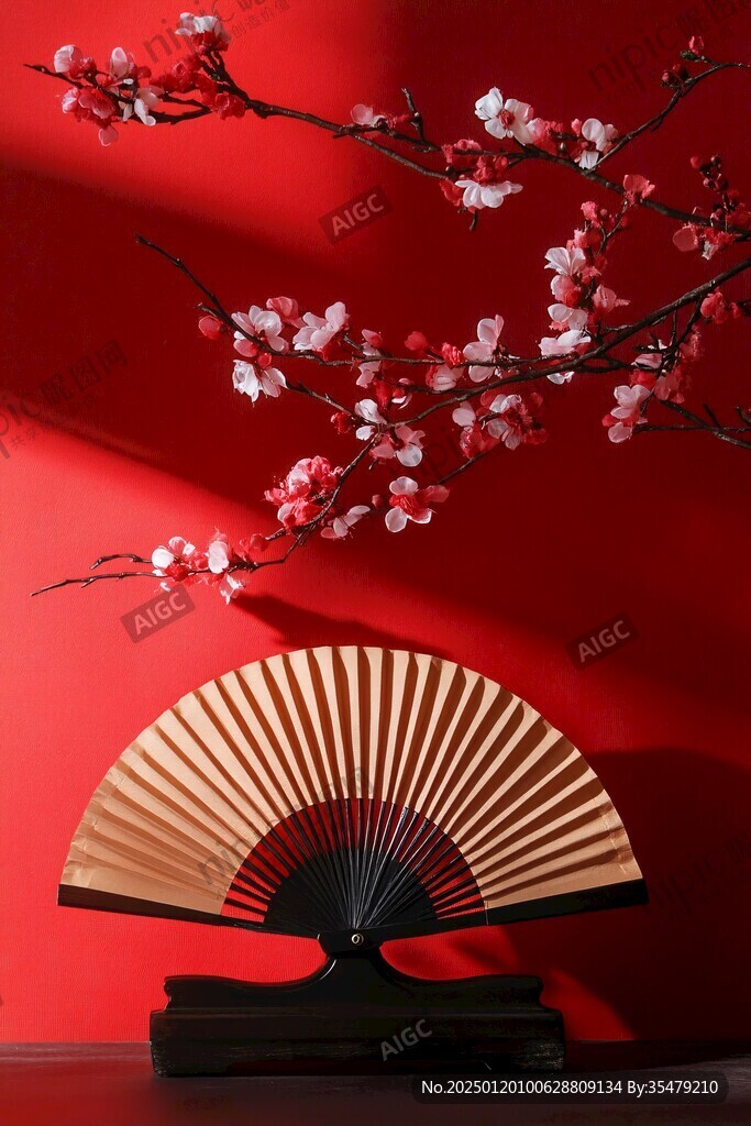 折扇红墙梅花