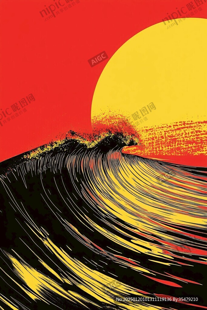 手绘海浪旭日东升