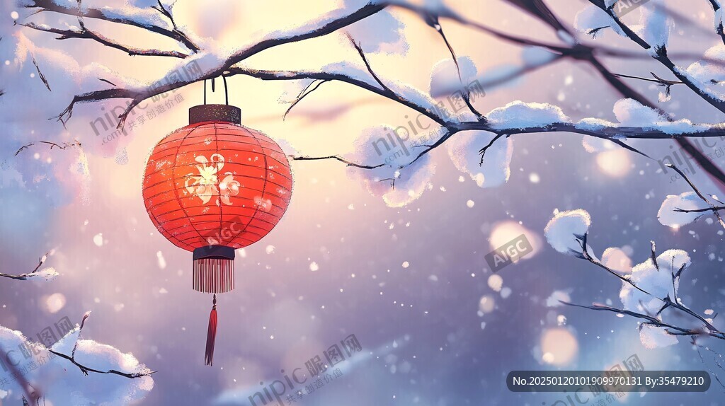 飘雪雪花雪景灯笼