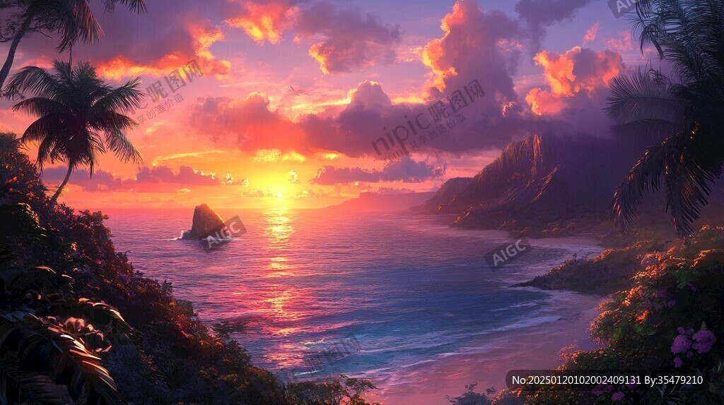 唯美海岸风景插画