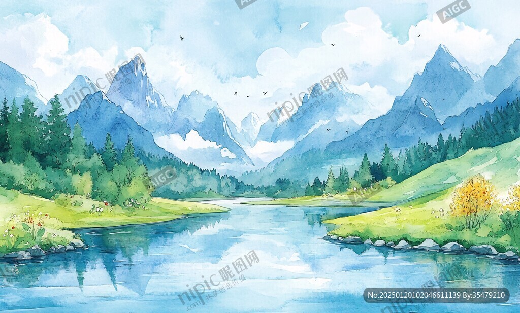 山湖插画