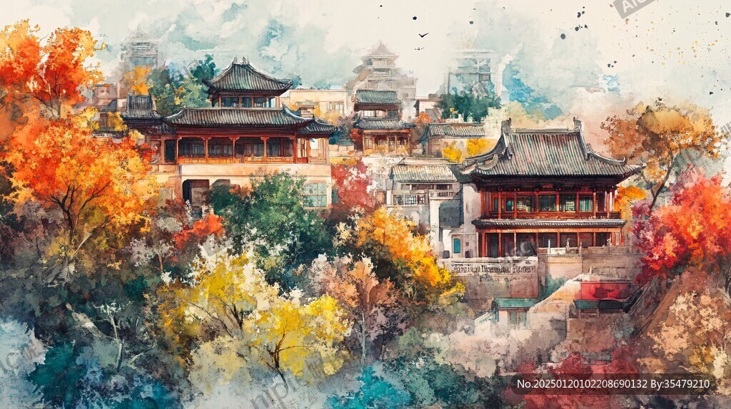 华侨禅风水彩建筑插画