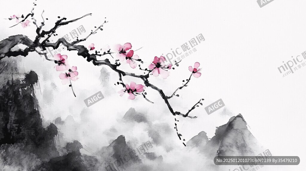 桃花水墨山水画