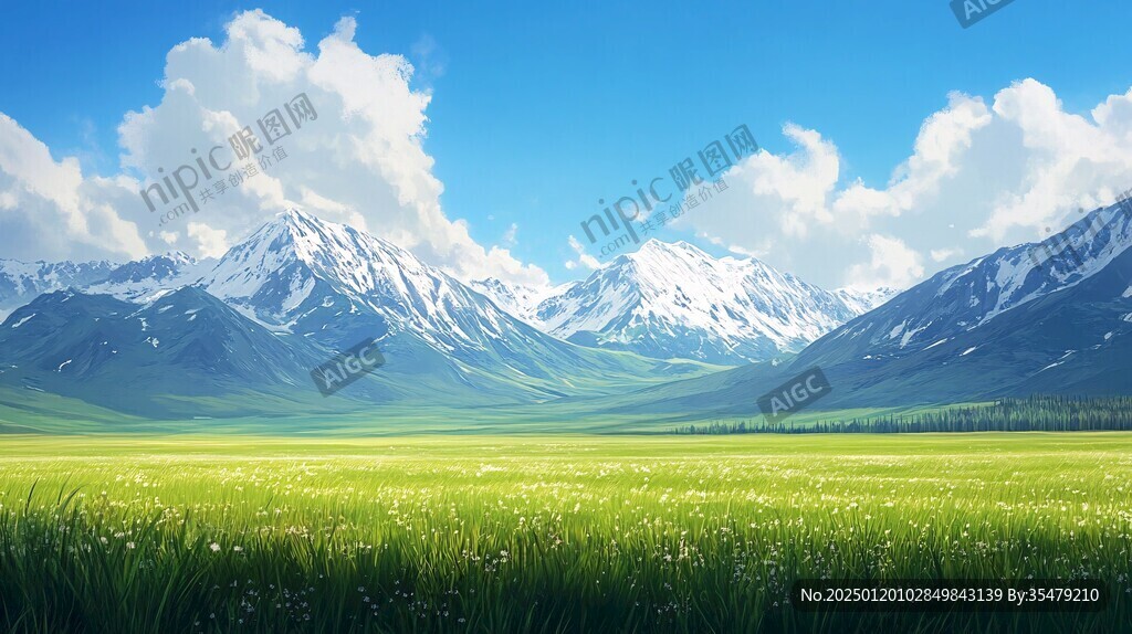蓝天白云山脉草地背景
