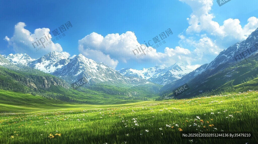 蓝天白云山脉草地背景