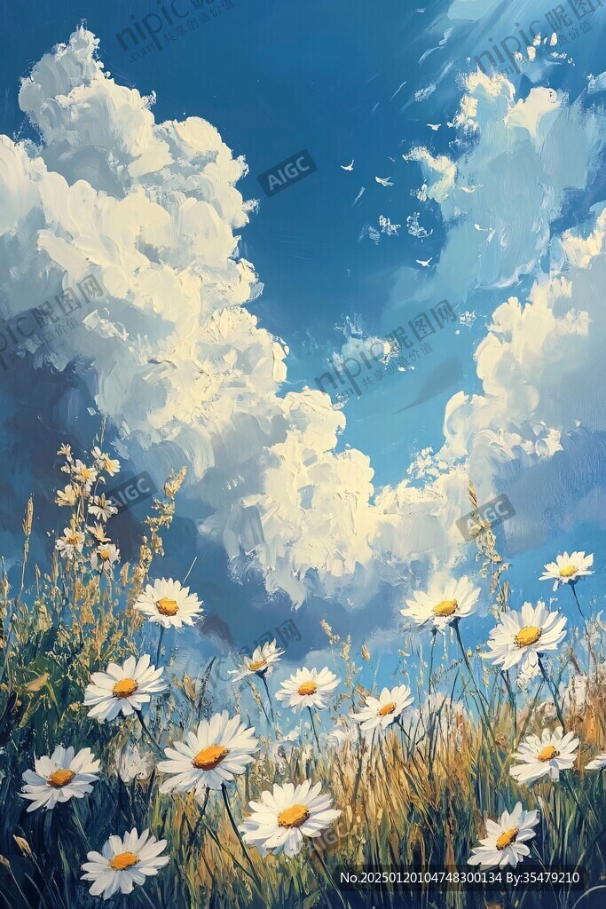 蓝天白云鲜花油画