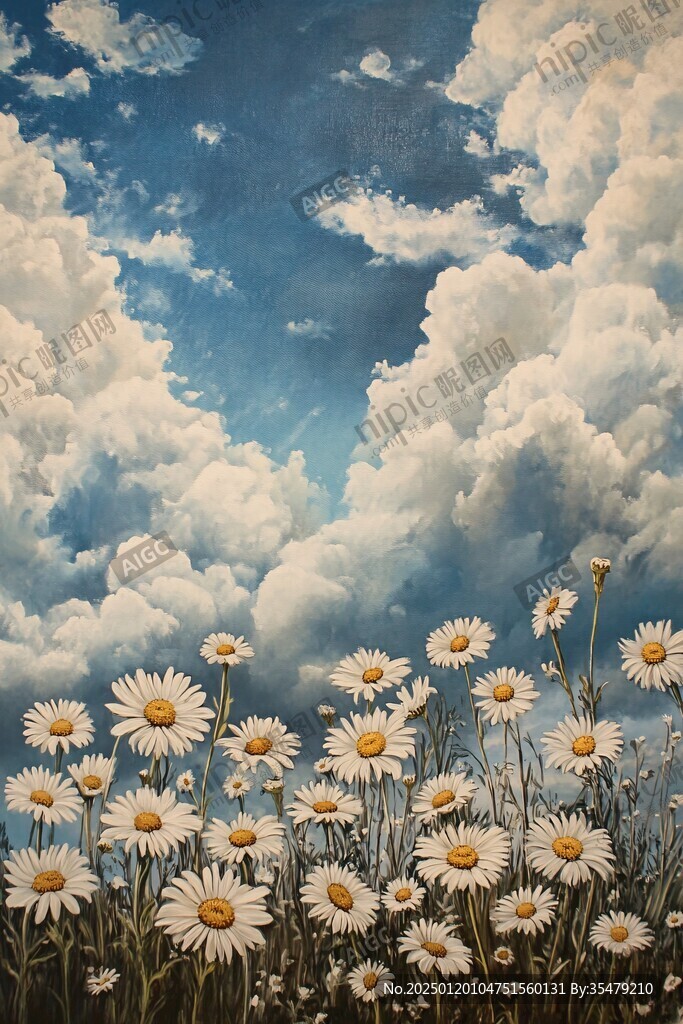 蓝天白云鲜花油画