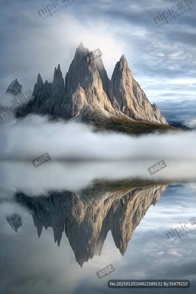 云雾缭绕雪山倒影