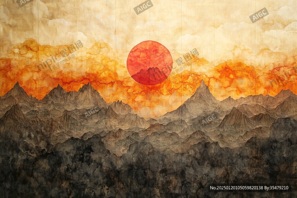 红日水墨山水