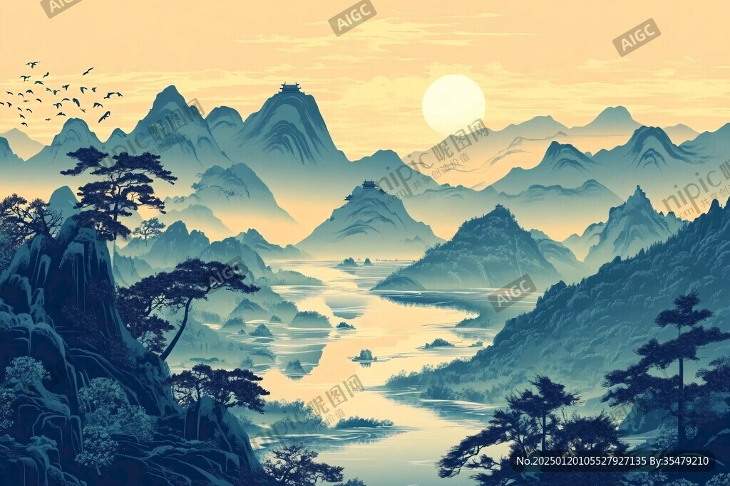 中式山水日出