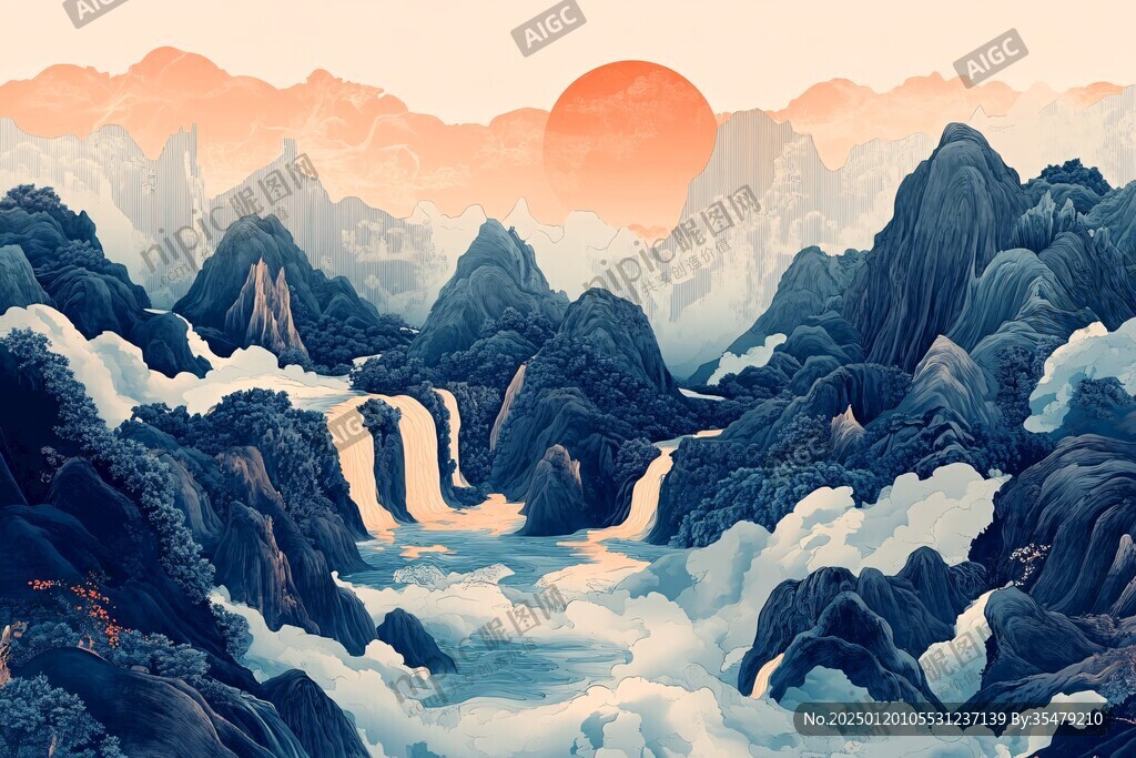 高端山水线包装插画