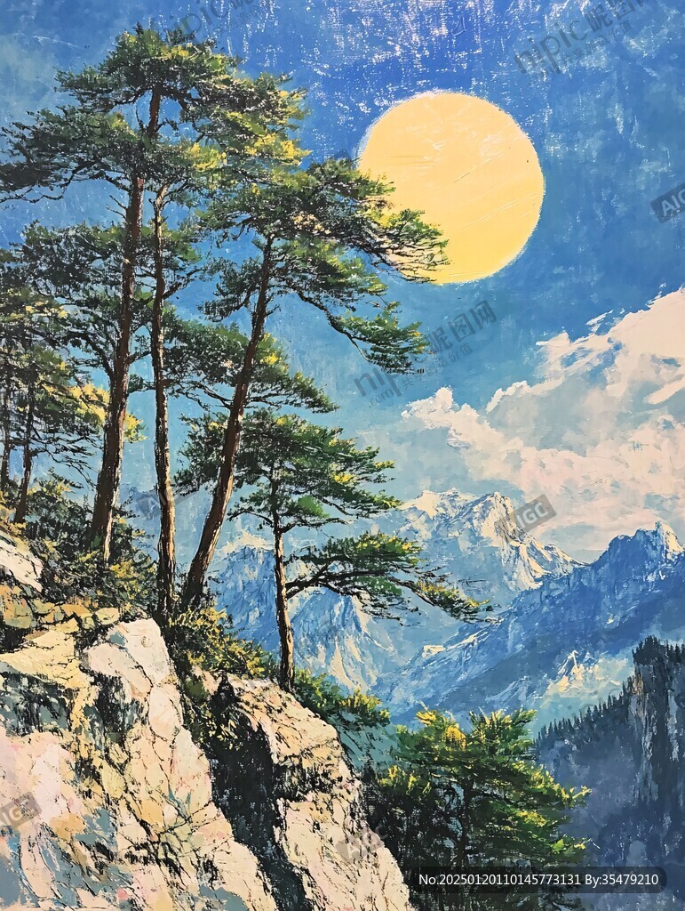 迎客松油画