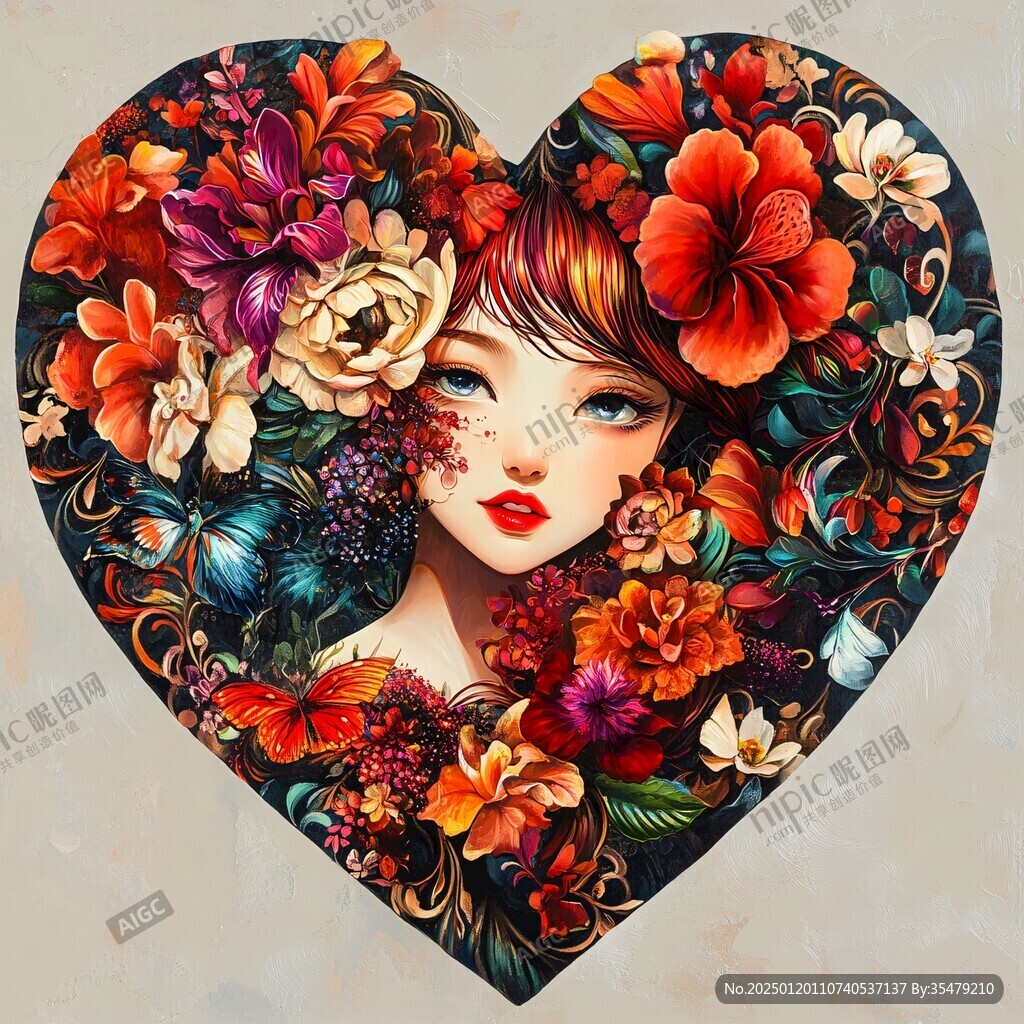 手绘花卉少女
