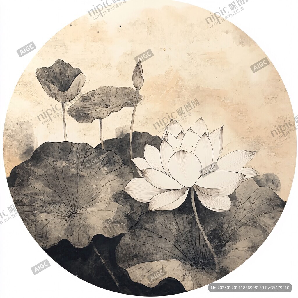圆形小品荷花工笔画