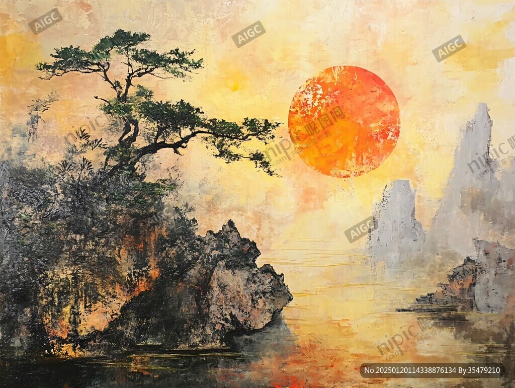 迎客松油画