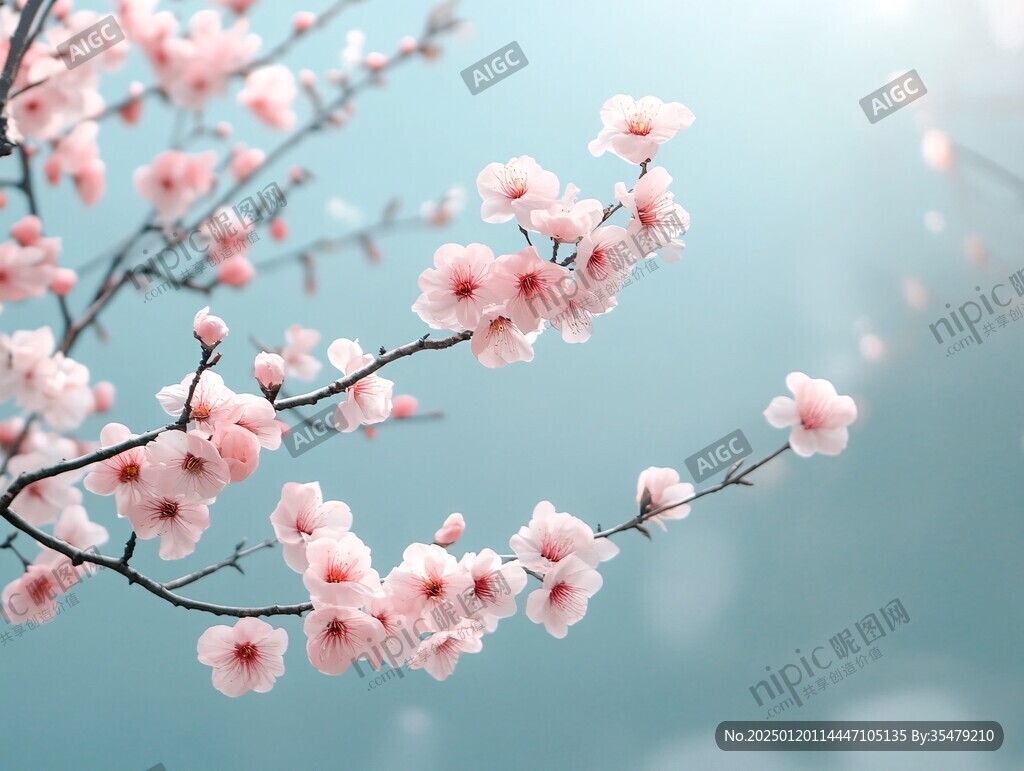 桃花蓝色背景
