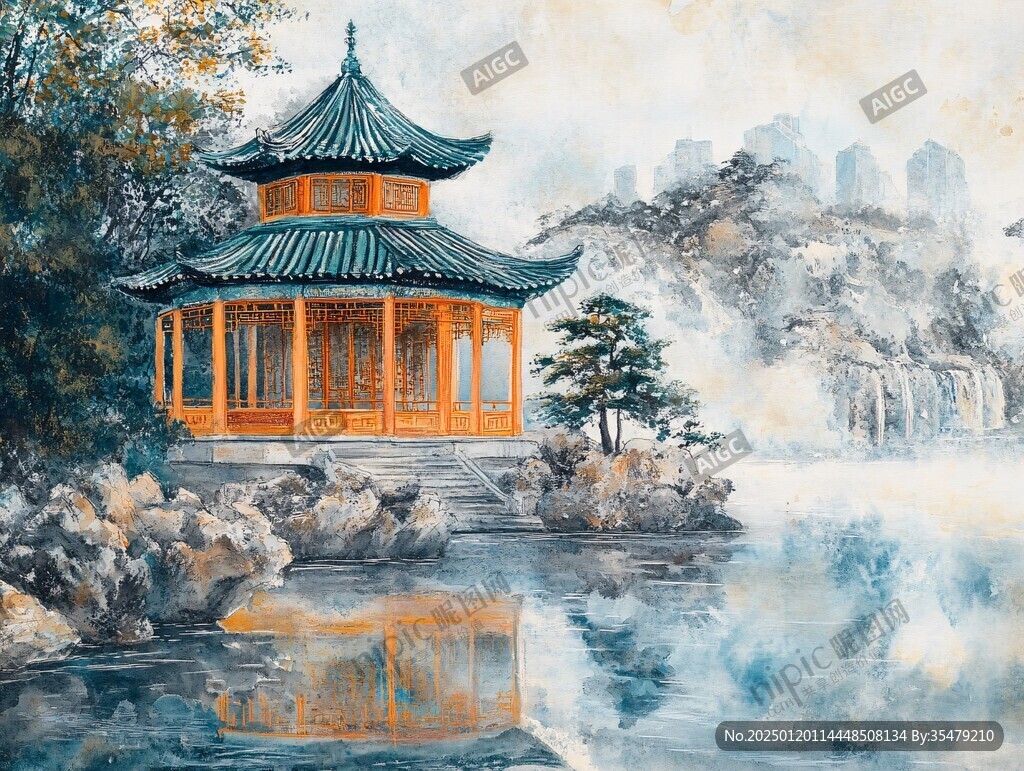 古风亭台楼阁油画