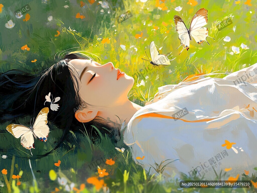 插画女孩与蝶