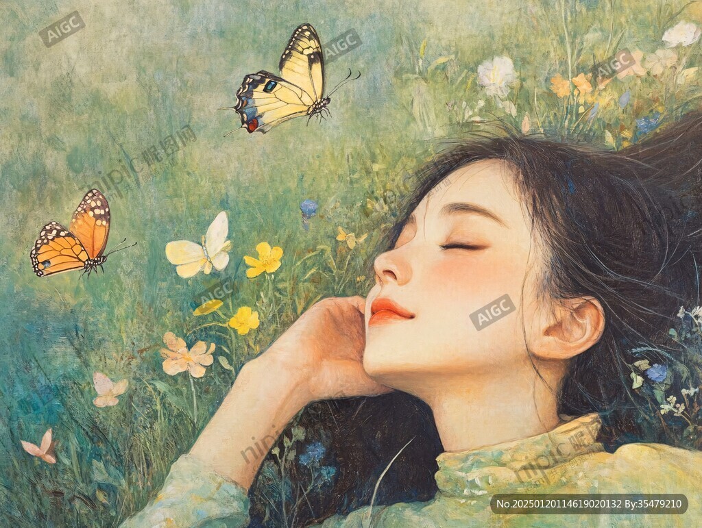 插画女孩与蝶