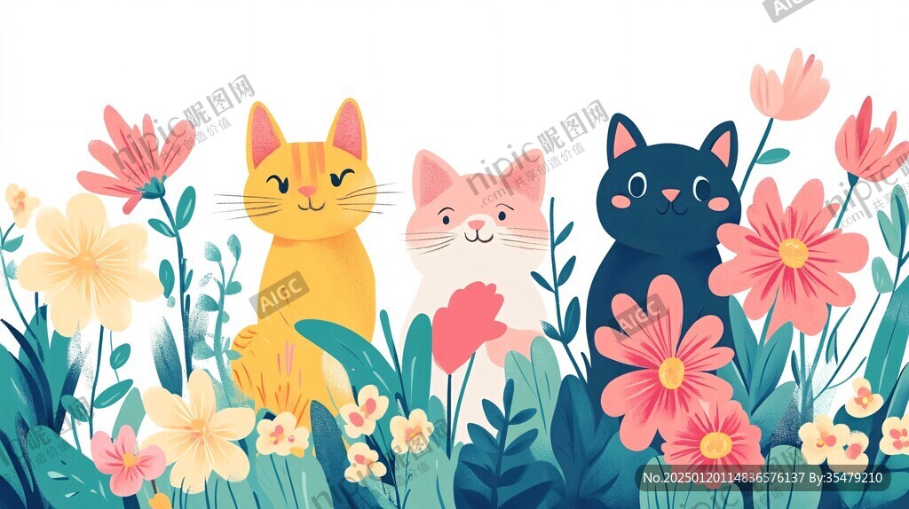 花丛边的猫咪插画