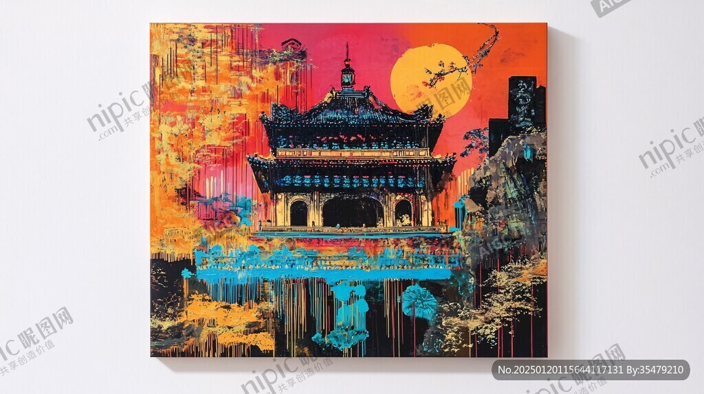 古风亭台楼阁油画