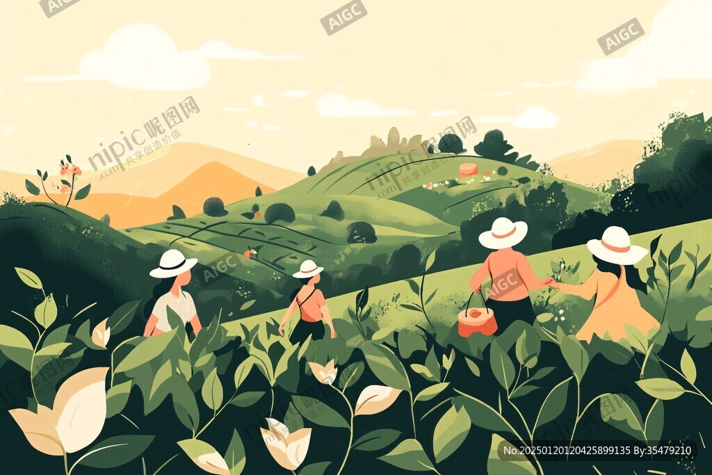 茶园采茶插画