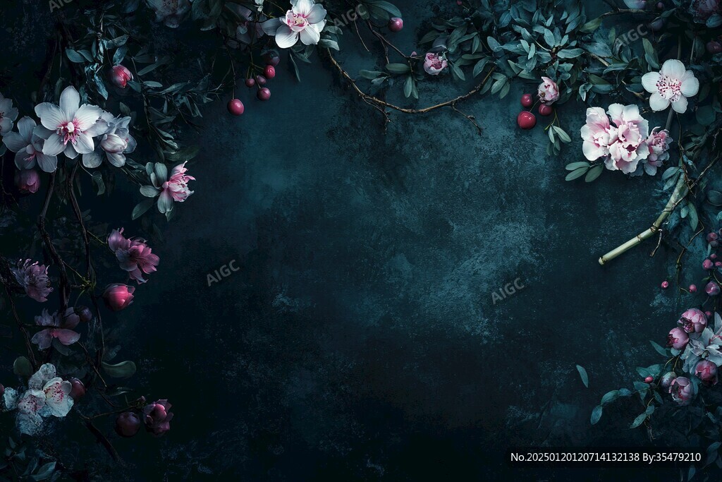 蓝黑背景桃花