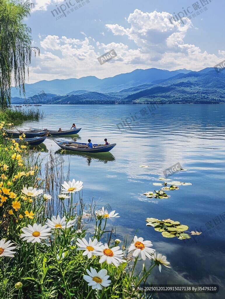 湖泊花船