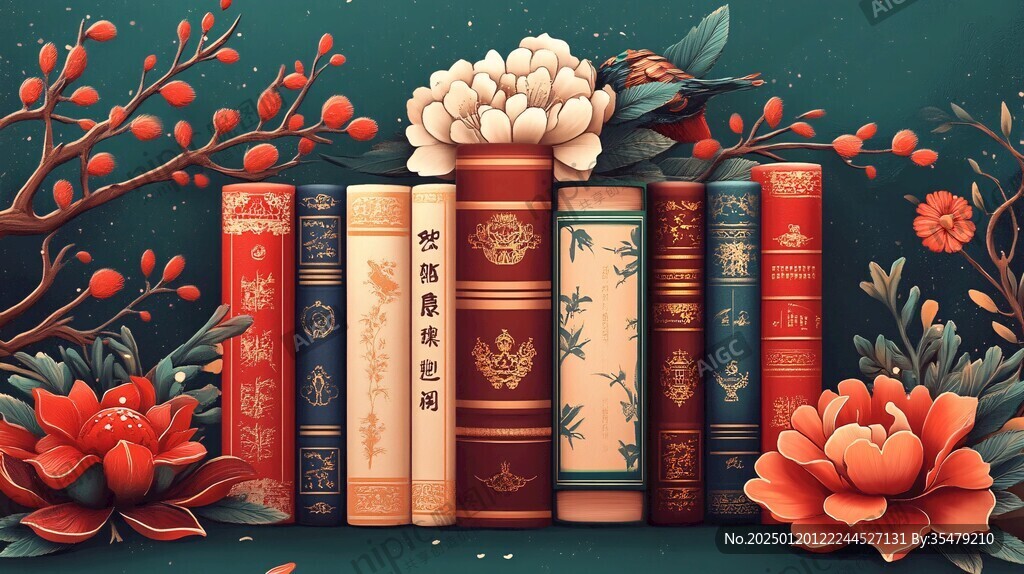 书籍花卉插图素材